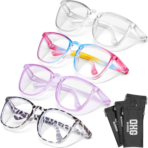 OXG 4 Pack Safety Glasses Anti Fog Goggles, Blue Light Blocking Stylish Safety Glasses for Women Nurses Protective Eyewear - color: Leopard+rainbow+clear+purple