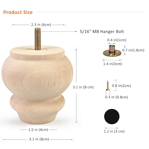 3 Inch Wood Furniture Legs Set of 4 Round Bun Feet Dresser Cabinet Sofa - size: 3inch