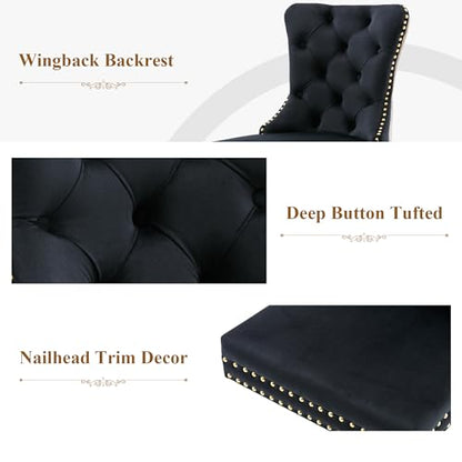 Black Velvet Dining Chairs Set of 4, Elegant Tufted & Nailhead, Gold Legs - color: Black, Golden Steel Leg, size: set of 4