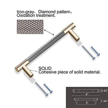 12 Pack 3 Inch 76 mm Knurled Cabinet Handles Cabinet Pulls Aluminum Handles Knurled Drawer Pulls Gold and Grey Oxidation Finish with Diamond Pattern 4" Length (3" Hole Center) - color: Gold Grey, size: 3 Inch
