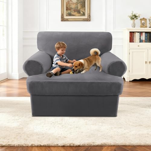 2 Pieces T Cushion Chair Covers with Arms Thick Velvet Couch Cover Stretch T Cushion Sofa Covers for Living Room Chair Cover with Individual T Cushion Covers , Washable (1 Cushion Chair, Gray) - color: Grey, size: Armchair (1 Cushion)