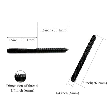 12 Pack 1/4-20 x 3 Inch Black Hanger Bolts - Double Headed, Carbon Steel, 1/4-20" Double Screw, Wood Dowel Screw - size: Black 1/4-20"x3"-12PCS