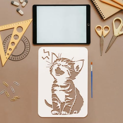 FINGERINSPIRE Little Cat Stencils with a Brush 11.7x8.3Inch Cute Meow Kitten Painting Stencils Cartoon Cat Pattern Stencil Animal Themes PET Template for Wood Floor Tile Wall Fabric Furniture DIY - color: Little Cat