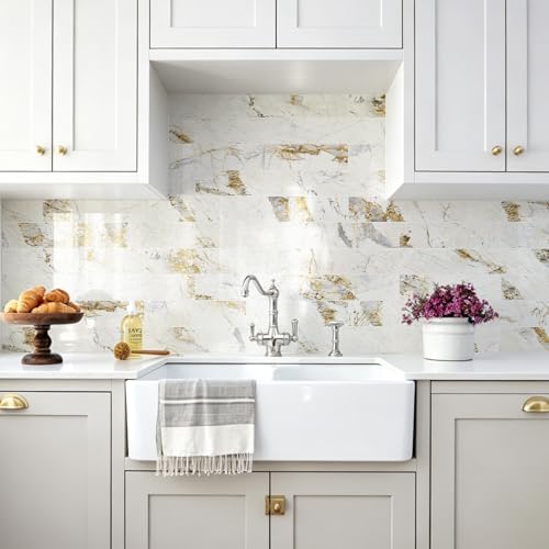 Vamos Tile Peel & Stick Backsplash on Subway Tile,40-Pack 3''x12'',Glossy - color: Pandora Marble with White Grout
