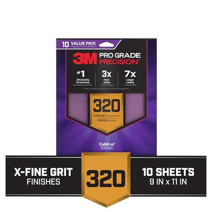3M Pro Grade Precision Sanding Sheets with No-Slip Grip, 9 x 11 in, 320 Grit, 10-Pack (SHR320-PGP-10T) - style: 320 Grit, 10 Sheets, 9" x 11"