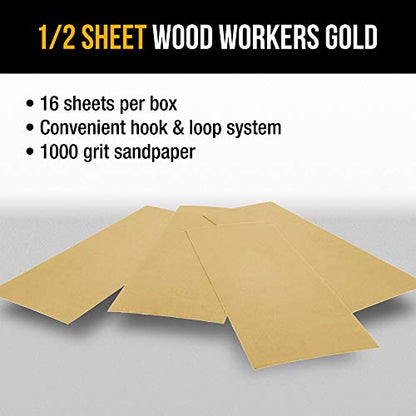 Dura-Gold Premium 1/2 Sheet Gold Sandpaper Sheets, 1000 Grit (Box of 16) - size: 1000-Grit