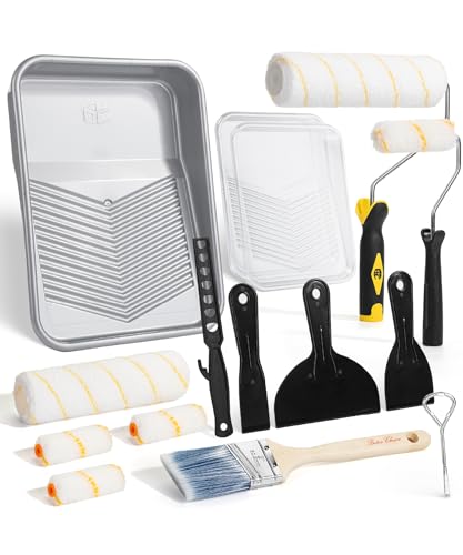 Bates- 9 Inch Paint Roller Kit, 17 pcs, Plastic Paint Tray, Clear Disposable Tray Liners, 4" & 9" Roller Frame, Roller Covers 4" & 9", Angle Brush, Plastic Scrappers, Can Opener and Stirring Rod