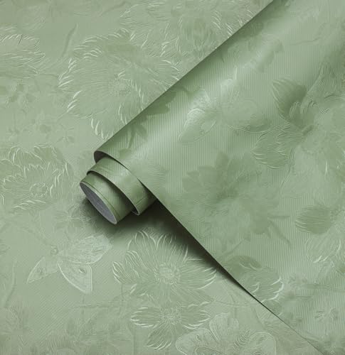 Green Peel and Stick Wallpaper Floral Embossed Stick Peel Contact Paper - color: Green, size: 17.7" x 118"