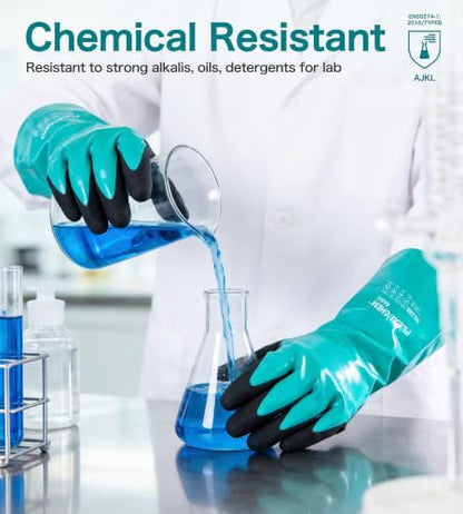 JDL Heavy-Duty Nitrile Chemical Gloves with Nylon Lining, Black Sandy Finish, Reusable Rubber Work Gloves, Acid/Alkali/Oil Protection, Non-Slip, Medium - size: Medium