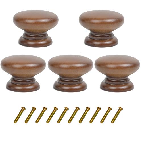 Mysummer 5 Pack Round Wood Drawer Knobs Walnut Finished Kitchen Cabinet Pulls Handles Hardware for Kitchen Cabinets Furniture Dresser Wardrobe Cupboard Drawer Pulls Knobs 33x25mm/1.3x0.98inch(DiaxH) - color: Walnut