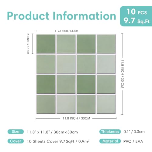 Commomy Matte 3D Peel and Stick Backsplash,Sage Green,10 Pcs 11.8"x11.8" - color: Gradient Sage Green