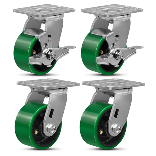 4" Heavy Duty Casters Set of 4, Industrial Casters, Polyurethane Caster Wheel with Load 3200lbs Capacity for Workbench,Tool Box,Dolly, Platform Truck (2 Brakes & 2 Swivel) - style: 4'' Wheel