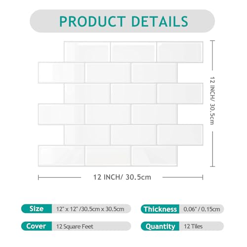 VEELIKE Subway Tile Peel and Stick Backsplash for Kitchen White Peel and Stick Wall Tile 12 Sheets 12''x12'' Waterproof Self Adhesive Vinyl Back Splash Stick on Tiles for Kitchen Bathroom Laundry Room - size: Box of 12 Tiles