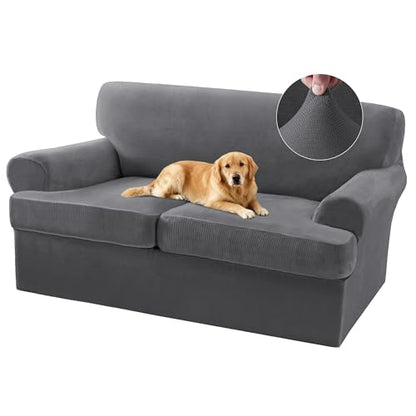 Turquoize Sofa Cover 3 Piece T Cushion Loveseat Covers for 2 Cushion Couch Thick Velvet Couch Cover Stretch Furniture Covers with 2 Individual T Cushion Covers, Washable (2 Cushion Loveseat, Gray) - color: Grey, size: Loveseat (2 Cushion)
