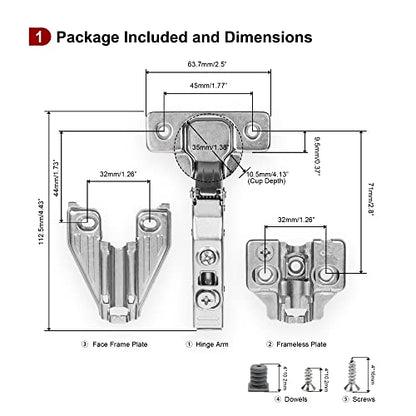 2 Pack Full Overlay Frameless Soft Close Cabinet Hinges, Clip On