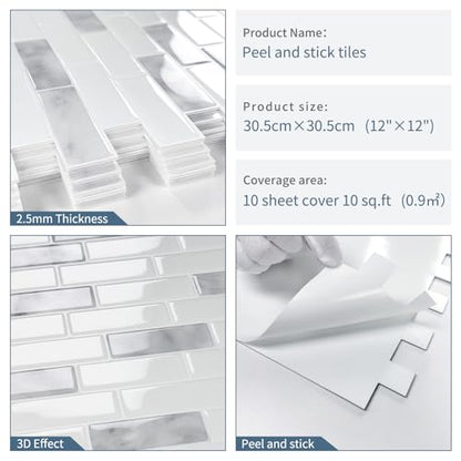 Peel and Stick Backsplash 3D Self Adhesive Wall Tile Grey 10 Sheet - color: Grey and White