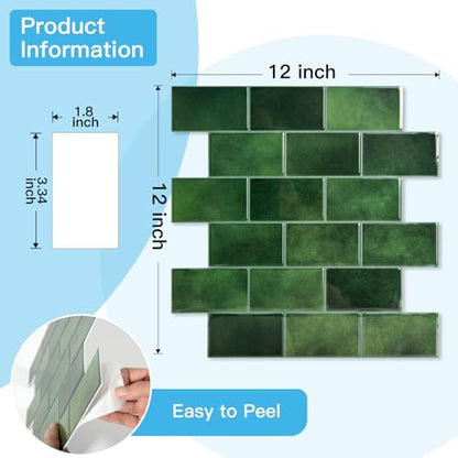 Art3d 10-Pack Subway Tiles Peel and Stick Backsplash, Green, 12 x 12 Inch - color: Green