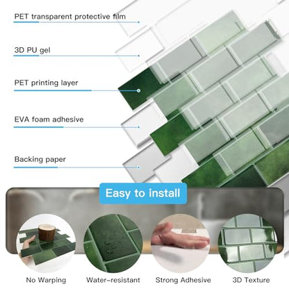 Art3d 10-Pack Subway Tiles Peel and Stick Backsplash, Green, 12 x 12 Inch - color: Green
