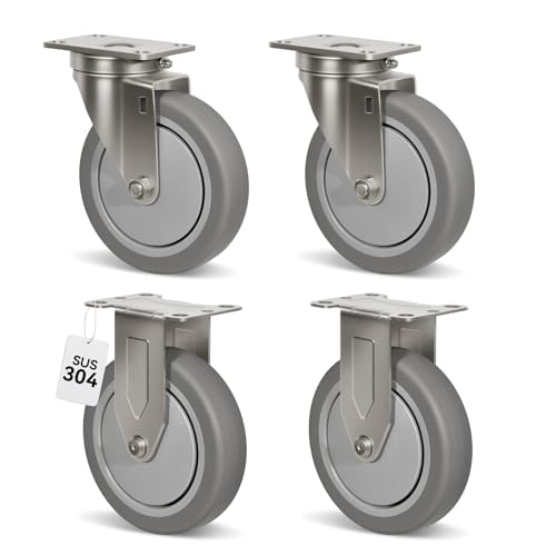 5" Caster Wheels, Stainless Steel Casters Set of 4 Heavy Duty, Anti-Corrosion Rubber Industrial Caster Wheels for Hospitals Food Labs(2 Swivel& 2 Rigid) - style: 2 Swivel&2 Rigid