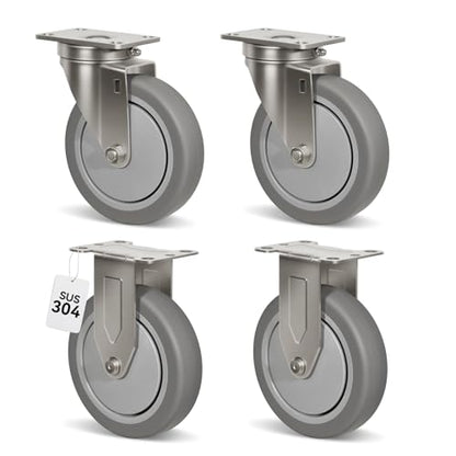 5" Caster Wheels, Stainless Steel Casters Set of 4 Heavy Duty, Anti-Corrosion Rubber Industrial Caster Wheels for Hospitals Food Labs(2 Swivel& 2 Rigid) - style: 2 Swivel&2 Rigid