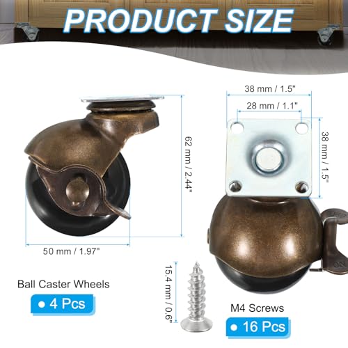 PATIKIL 2 Inch Ball Caster Wheels with Brake, 4 Pack 360° Rotating Swivel Top Plate Wheels 397 lbs Total Capacity Locking Caster with M4 Screws for Furniture Table Cabinet Bronze - color: Bronze, size: 2 Inch