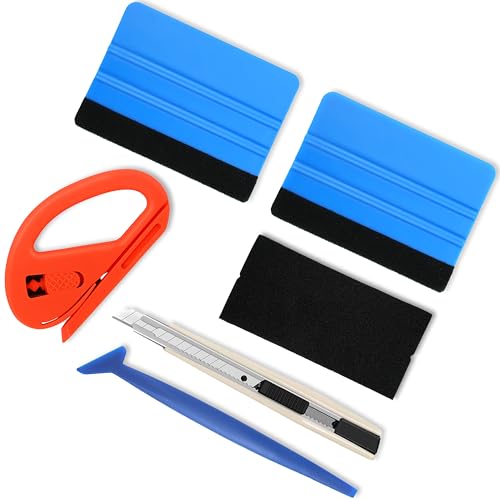 6 in 1 Vinyl Wrap Tool Kit, Felt Edge Squeegee, Safe Hidden Cutter, Utility Knife, Edge Stick, Car Tint Tool Set for Vehicle Wrap, Window Film, Cabinet Wrap, Wallpaper, DIY Installation - color: Blue
