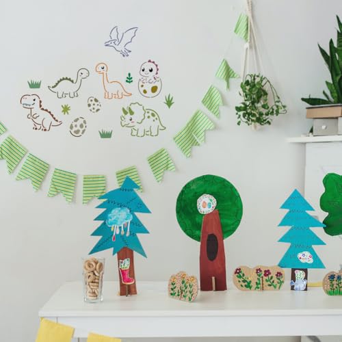 FINGERINSPIRE 8PCS Cute Dinosaur Painting Stencil with Paint Brush 4.7x9.4inch Dinosaur Silhouette Drawing Template Egg Paw Print Plant Volcano Stencil Animal Theme Template for Floor Decoration - style: Cute Dinosaur