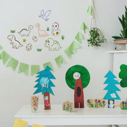 FINGERINSPIRE 8PCS Cute Dinosaur Painting Stencil with Paint Brush 4.7x9.4inch Dinosaur Silhouette Drawing Template Egg Paw Print Plant Volcano Stencil Animal Theme Template for Floor Decoration - style: Cute Dinosaur
