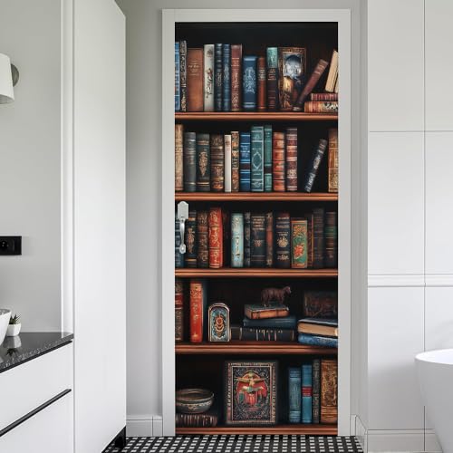 REDAMANCY Antique Book Shelf Vintage Peel and Stick Door Stickers Vinyl 3D Door Mural Decals Decor Wallpaper Self-Adhesive, Waterproof, Removable - color: Mta-22