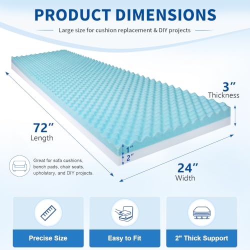 High Density Upholstery Foam (72"x24"x3") Seat Cushion Replacement Foam, 1 Inch Egg Crate Memory Pad for Pressure Relief and Comfort, Cuttable Sofa Sag Support Chair Repair Material DIY Projects - size: 72"x24"x3"