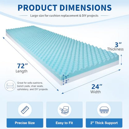 High Density Upholstery Foam (72"x24"x3") Seat Cushion Replacement Foam, 1 Inch Egg Crate Memory Pad for Pressure Relief and Comfort, Cuttable Sofa Sag Support Chair Repair Material DIY Projects - size: 72"x24"x3"