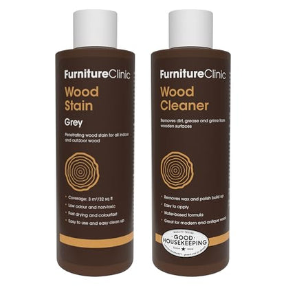 Furniture Clinic 8.5oz Grey Wood Stain + 250ml Wood Cleaner | Water Based | Fast Drying, Low Odor, & Non-Toxic | for Indoor & Outdoor Furniture and More