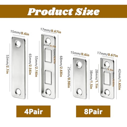 12 Pack Magnetic Cabinet Door Catches with Adhesive and Screw Option, Stainless Steel Drawer Magnets for Kitchen, Bathroom & RV, (8 Short and 4 Long)