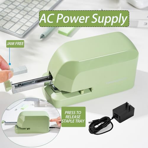 Heavy Duty Electric Stapler Value Pack, 45 Sheet Capacity, Includes 1500 Staples & Staple Remover, No-Jam, Faster Stapling, Automatic Stapler Desktop,AC Adapter Powered (Saga Green) - color: Saga Green