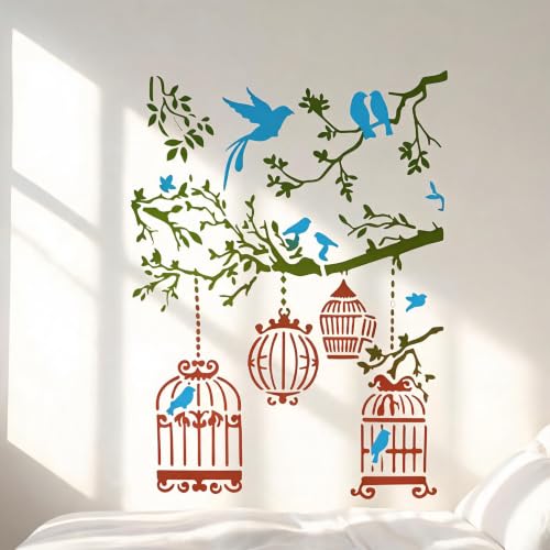 TIAMECH A4 Reusable Vintage Bird Cage Stencil for Painting - style: Bird Cage Tree Branch