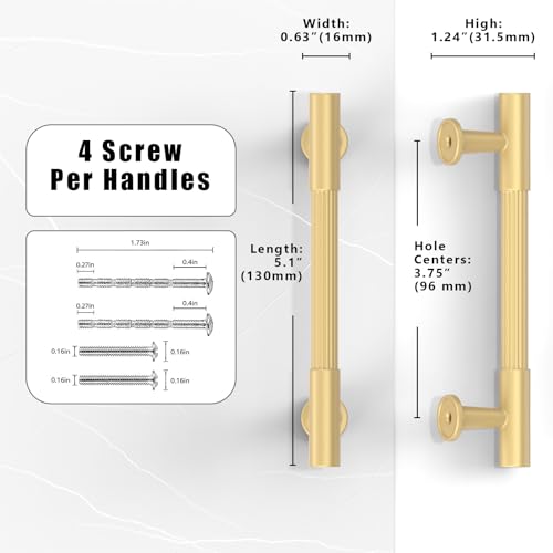 10 Pack Brushed Gold Cabinet Pulls 3.75 Inch(96mm) Kitchen Cabinet Handles Solid Heavy Duty Drawer Pulls - color: Brushed Gold, size: 3.75" Hole Center
