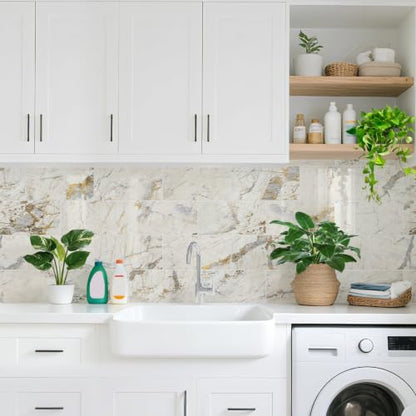 Vamos Tile Peel & Stick Backsplash on Subway Tile,22-Pack 6''x12'',Glossy - color: Gold Veining Pandora Marble with White Grout