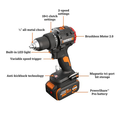 WORX Cordless Drill Driver, 20V 1/2-Inch Brushless, WX109L.1 - style: Cordless Drill Driver, 20V 930