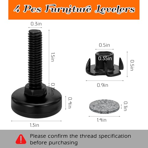 Leveling Feet, Adjustable Furniture Feet, 3/8"-16 Thread Furniture Feet Levelers, Heavy Duty Table Cabinet Sofa Dresser Leg Levelers Screw in with Threaded Inserts, 4 Pcs, Black