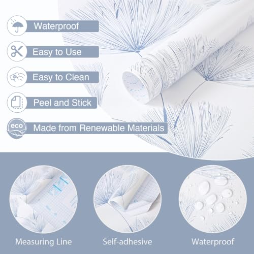 Safiyya Blue and White Peel and Stick Wallpaper Dandelion 17.3in x78.7in Contact Paper Peel and Stick Wall Paper Modern Boho Self Adhesive Removable Vinyl Wallpaper for Bedroom Bathroom - color: Blue/White, size: 17.3" x 78.7"