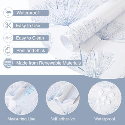 Safiyya Blue and White Peel and Stick Wallpaper Dandelion 17.3in x78.7in Contact Paper Peel and Stick Wall Paper Modern Boho Self Adhesive Removable Vinyl Wallpaper for Bedroom Bathroom - color: Blue/White, size: 17.3" x 78.7"