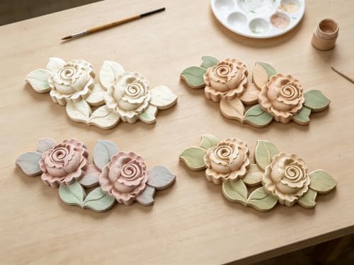 2 Pack Unfinished Wood Carved Rose Appliques Onlays, 16x6.5cm/6.3x2.56 DIY Wood Ornaments for Cabinet Dresser Bed Mirror Fireplace Wardrobe Wall Decor