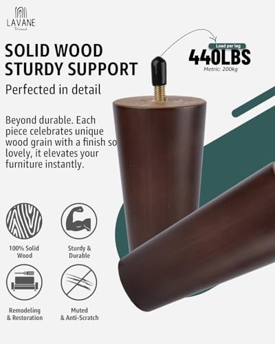 La Vane 4 inch Solid Wood Furniture Legs, Walnut Finish & Tapered, 4-Pack - size: 4 inch