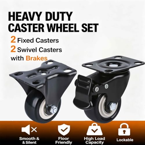 2 Inch Heavy Duty Plate Casters (2 Fixed+2 Locking Swivel) Set of 4 - color: 2 Swivel with Brake + 2 Rigid