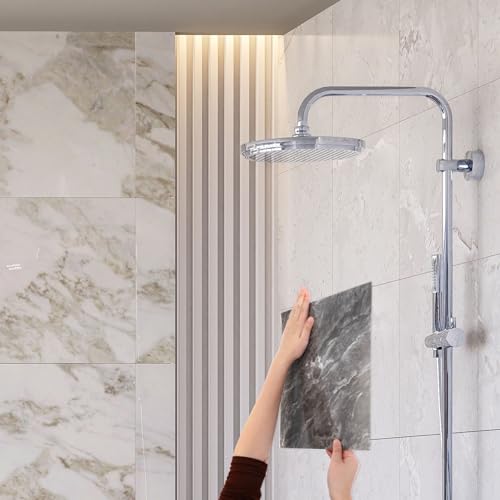HARFINGTON 15pcs Peel and Stick Marble Tiles, Waterproof Wall Panel Backsplash, 12"x12" PVC Peel and Stick Shower Tiles for Bathroom, Kitchen, Living, Slate Gray Design - style: Slate Gray