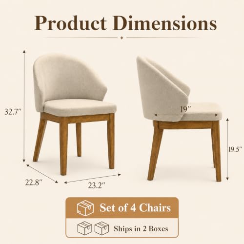 Dining Chairs Set of 4, Modern Fabric Upholstered Wooden Kitchen Chairs with Curved Backrest, Thick Cushion, Tapered Wood Legs, Walnut Finish - color: Walnut, size: Set of 4
