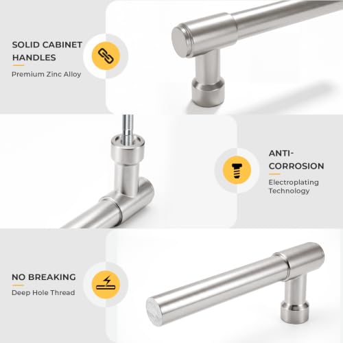 Goldenwarm 10 Pack 5 Inch Brushed Nickel Cabinet Pulls Modern Kitchen & Bathroom Hardware Heavy Duty Zinc Alloy Drawer Handles with Complete Screw Kit Consistent Finish for Whole-Home Renovations - color: Brushed Satin Nickel, size: 5 Inches Hole Center