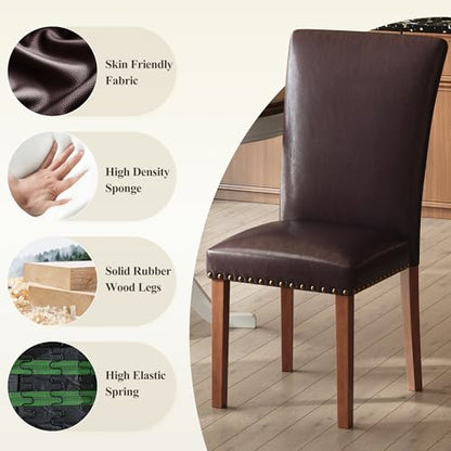COLAMY Upholstered Parsons Dining Chairs Set of 4, PU Leather Dining Room Kitchen Side Chair with Nailhead Trim and Wood Legs - Dark Brown - color: L-darkbrown, size: Set of 4