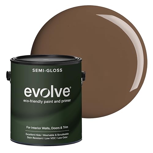 Evolve Interior Paint & Primer, Four Sheens, 1-Gallon & 5-Gallon, Designer Curated Color Palette – One-Coat Coverage, Excellent Hide, Low VOC, Low Odor, Washable Paint for Walls, Ceilings & Trim - Semi-Gloss Sheen (Bark Brown, 1-Gallon (128 fl. Oz.)) - co