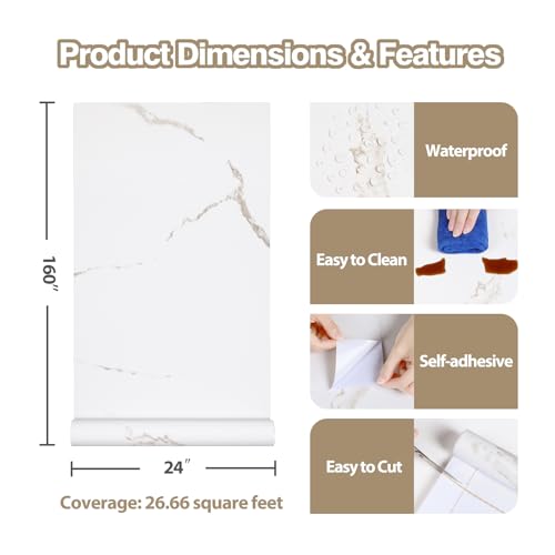 White Marble Contact Paper Matte Marble Wallpaper Peel and Stick Countertops for Bathroom Kitchen Vinyl Countertop Wrap 24"x160" Removable Self Adhesive White Contact Paper for Desk Table - size: 24" x 160"